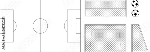  Vector set with a soccer field or pitch design, including the goal net in plan, section, and elevation views, and the outline of the balls