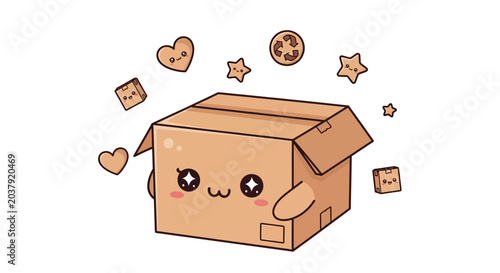 Bild auf Leinwand Cute Cardboard Box Character with Hearts and Stars