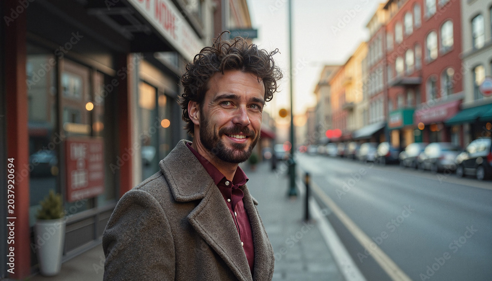 Fototapeta premium Smiling man standing on a city street during golden hour 