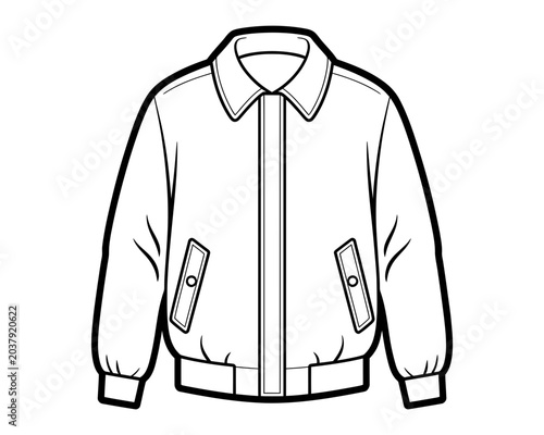 Minimalist black and white line drawing of classic zippered windbreaker jacket isolated on plain background