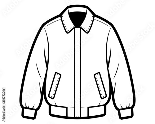 Minimalist black and white line drawing of classic bomber jacket isolated on white background