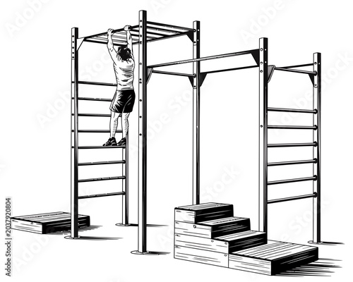 Construction scaffolding setup in black and white line drawing minimalist style