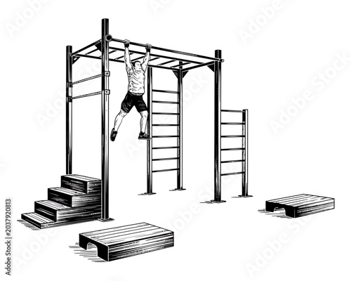 Construction scaffolding structure line drawing in black and white minimalist style