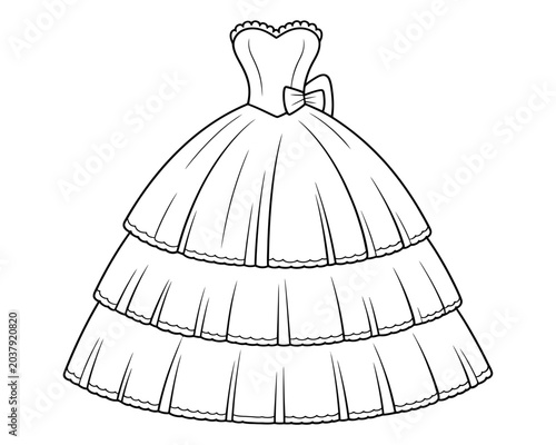 Elegant tiered wedding dress illustration in minimalist black and white line art style