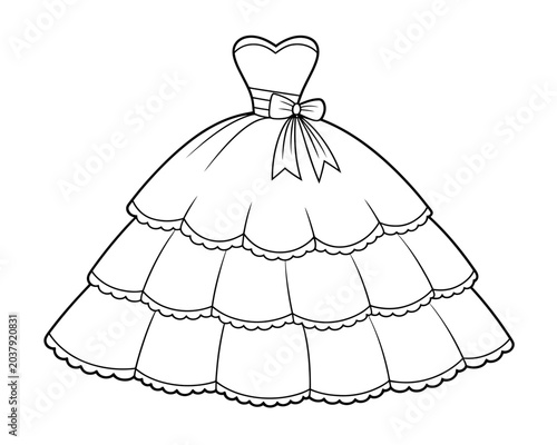 Minimalist black and white line drawing of a layered wedding gown design on plain background