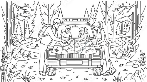 Foto Family looking at a map on the hood of an off road vehicle coloring page