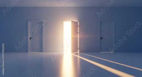 Two white doors in a minimalist room one open with bright light streaming in
