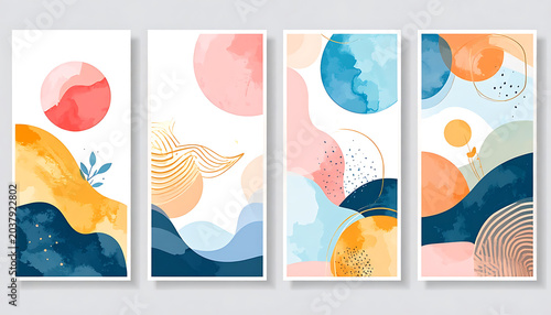 Abstract watercolor and pixel art panels, soft pastel colors, organic shapes, minimalist composition, modern decor, set of four vertical artworks