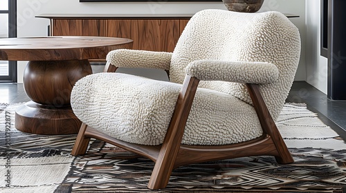 A comfortable cream bouclé armchair with a curved wooden frame stands elegantly in a bright and modern living room space.