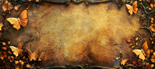 Elegant golden butterflies rest upon a textured vintage frame with intricate vine details and a warm glowing amber light effect