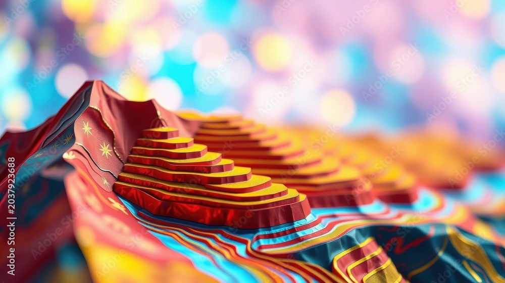 Fototapeta premium Abstract colorful waves, layered steps, vibrant hues. Digital rendering, smooth gradients, artistic composition. Bright, dynamic, modern design.