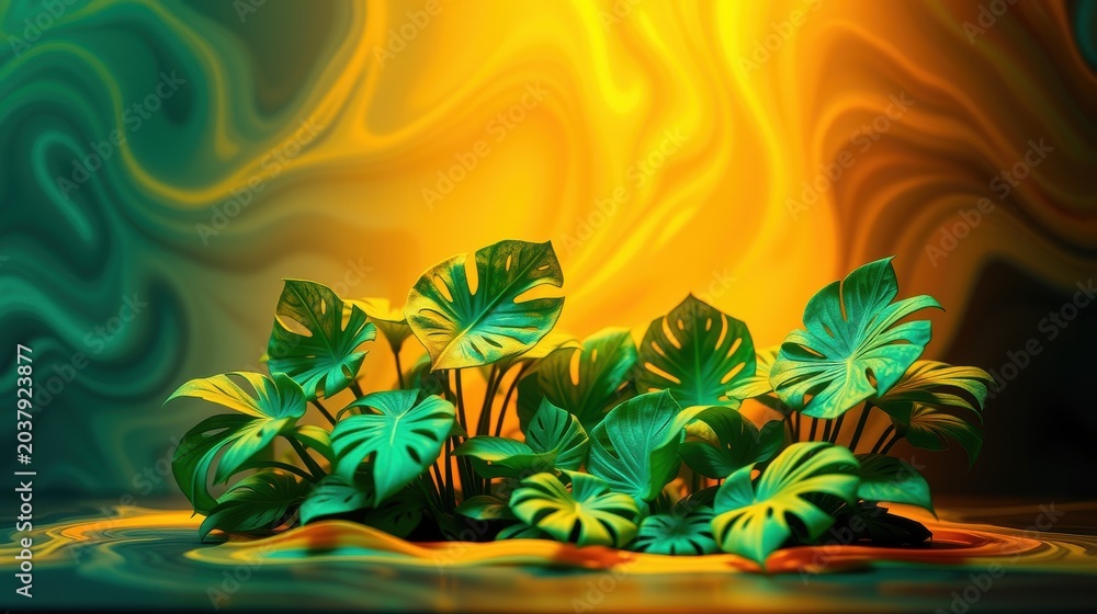 Fototapeta premium Lush monstera plants thrive, vibrant green foliage contrasts warm orange, teal background. Dramatic lighting creates surreal atmosphere.