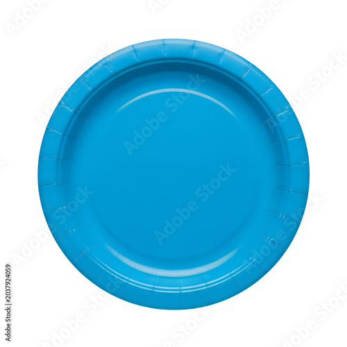 Top view of empty blue paper plate isolated on transparent background.