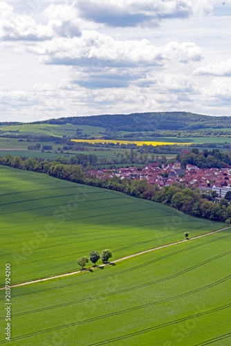 view over the river werra valley and the beautiful town Creuzburg in Thuringia in Germany