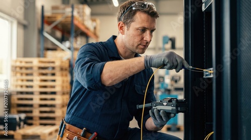 A worker repairs a machine in a workshop while using tools and wires. The setting shows shelves and pallets in the background