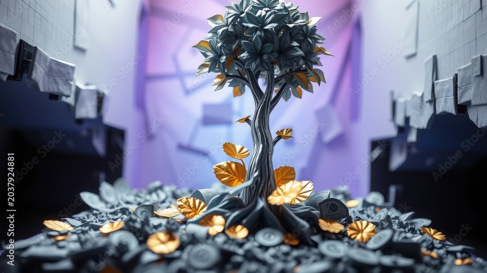 Fototapeta premium Stylized tree grows amid coins, geometric backdrop creates surreal scene. Minimalist design, cool tones dominate composition.