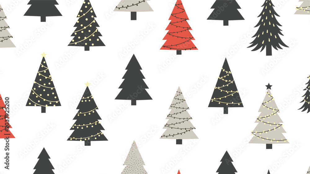 Obraz premium Seamless holiday pattern featuring stylized Christmas trees in black red and grey tones on white background.