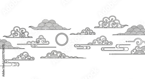 Obraz na plátně Traditional Chinese auspicious cloud patterns and sun line art vector illustration