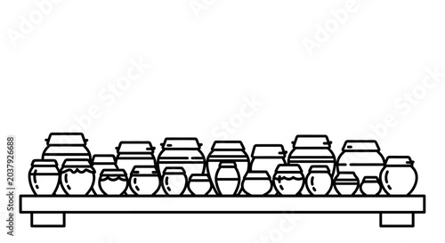 Εκτύπωση καμβά Line art illustration of traditional Korean earthenware pots on a wooden platform
