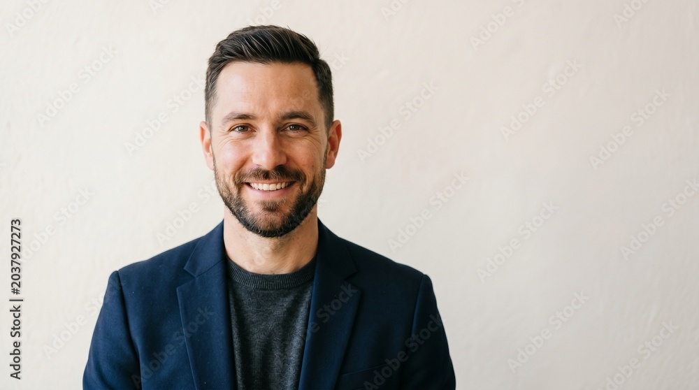 Obraz premium Smiling man in a dark blue blazer and grey sweater against a light background