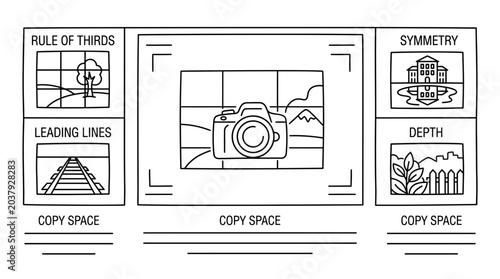 Bild auf Leinwand Photography composition guide showing rules and techniques with camera icon
