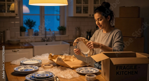 Woman unpacking fragile dishes from a cardboard box in a kitchen. Female homeowner unwrapping blue and white plates after moving