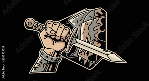 Bild auf Leinwand Armored hand grips sword and shield