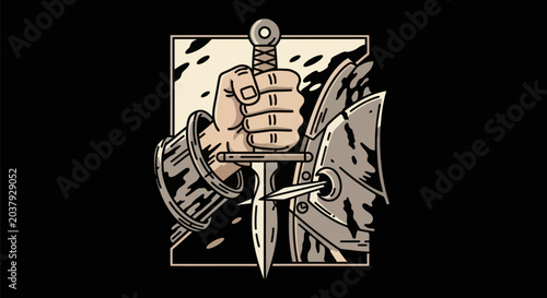 Cuadro en lienzo Armored hand grips sword vector illustration