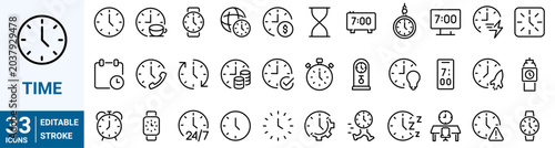 set of 33 line web icons time. Clock. Collection of Outline Icons. Vector illustration.