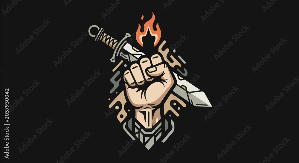 Fototapeta premium Fist holding sword and flame illustration