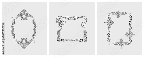 Hand drawn vector abstract outline,graphic,line vintage celebration ornament art nouveau frames set in drawing elegant style.Elegant decoration vintage outline design isolated. Floral ornament border