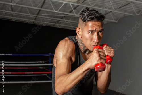 young Hispanic boxer warming up with light dumbbells in fighting stance
