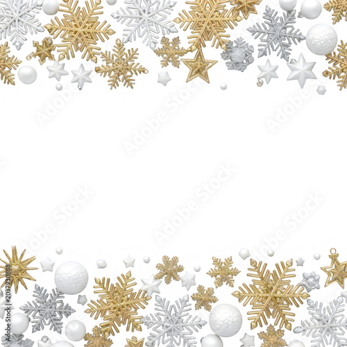 Gold and silver glitter snowflake border for winter holidays isolated on transparent background