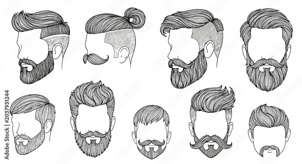 Obraz premium Selection of stylish men's hairstyles and groomed beard designs showcased through detailed black and white line art illustrations of male heads.