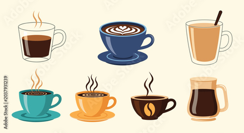 Assorted collection of hot coffee and tea beverages served in diverse mugs, glasses, and cups with latte art and steam icons.
