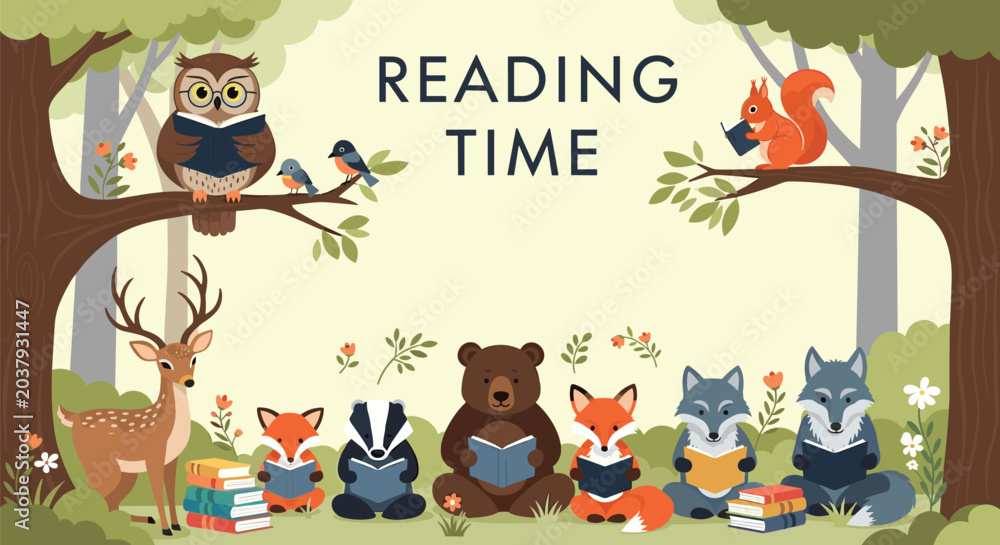 Fototapeta premium Adorable forest animals like bear, owl, deer, and foxes gathered together to enjoy reading books in a woodland setting.