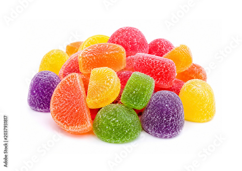 Foto Pile of colorful fruit gummy candies with sugar coating isolated on white backgr