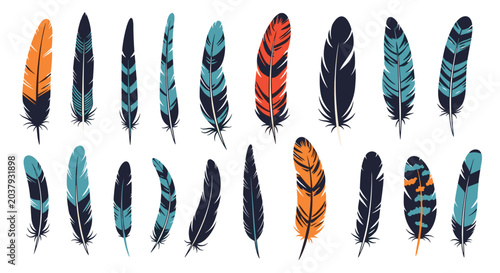 Diverse collection of vibrant colorful bird feathers with intricate patterns for decorative artistic and bohemian design projects.