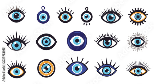 Diverse collection of blue evil eye charms and hamsa symbols in various styles for protection and traditional Mediterranean culture.