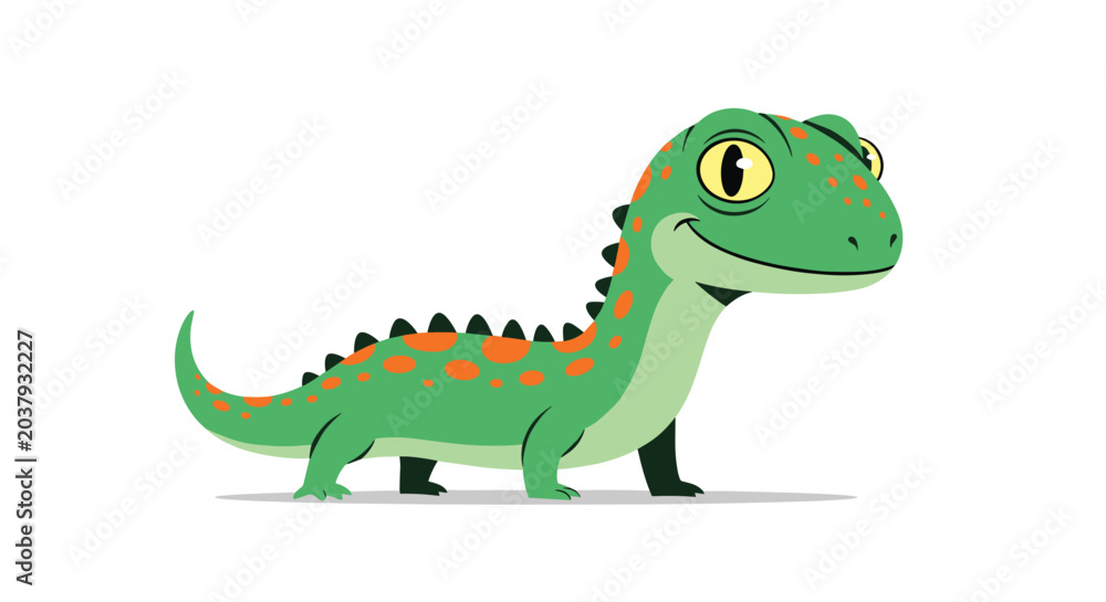 Fototapeta premium Adorable green cartoon lizard with bright orange spots and large yellow eyes isolated on a plain white background for children.