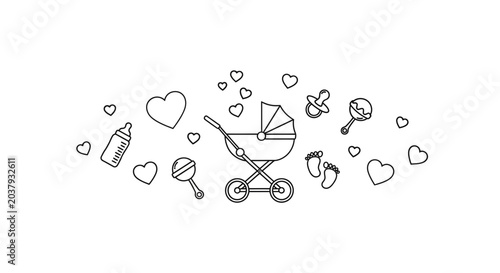 Foto Set of cute baby themed line art icons with stroller hearts and toys