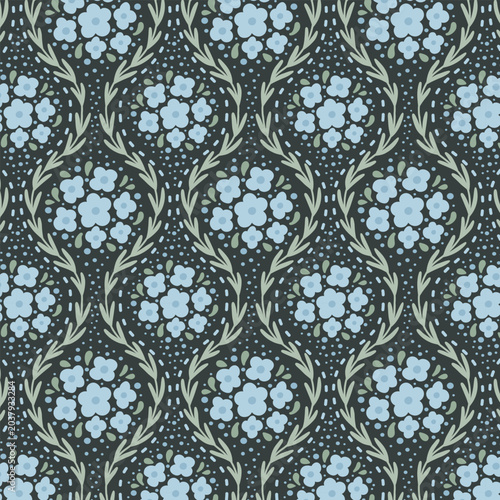 Seamless blue floral wreath pattern with dotted dark background, delicate botanical repeat for wallpaper, textile, wrapping paper, stationery and elegant decorative surface design.