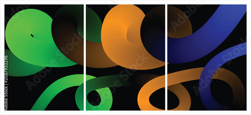 Photos Vibrant abstract art display with swirling green, orange, and blue shapes on bla