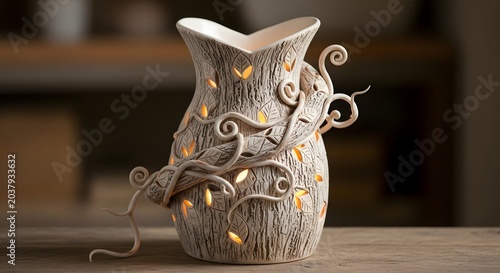 Ceramic vase with glowing leaf cutouts and vine decoration on wooden table