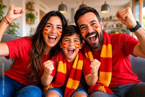Spanish family celebrating sports victory cheering at home on sofa