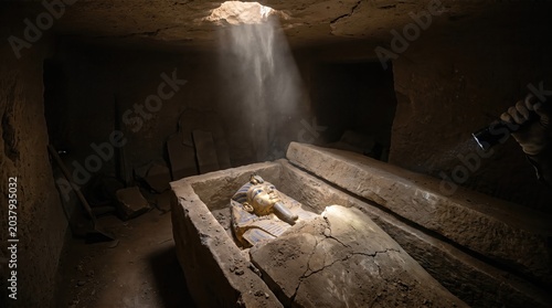 Archaeologist exploring ancient Egyptian tomb with flashlight. Golden sarcophagus mask in underground stone crypt. Discovery of historical artifact. Archaeological expedition and history concept.