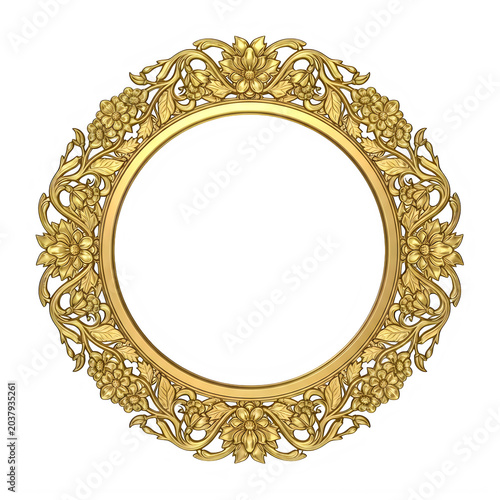 Decorative golden round frame with floral pattern isolated on transparent background