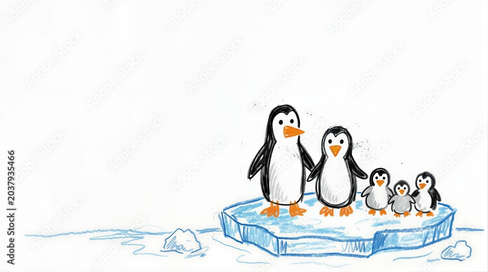 Obraz premium Penguin family hand drawing on iceberg with blank space for text. Childish sketch style illustration of arctic bird on ice floe. Antidesign graphic with deliberate grotesque art.