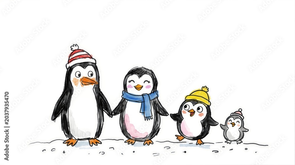 Fototapeta premium Hand drawn sketch of penguin family walking in snow. Cute animal illustration in bad design style with intentional grotesque aesthetic and white background for text placement.