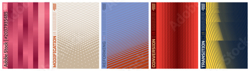 Abstract geometric vector poster set with halftone grid and optical illusion patterns, Shape distortion and linear gradients with transition effect, dynamic graphic for banner and wall art, kit 3